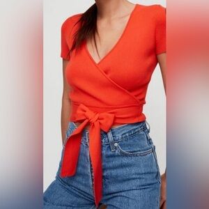 Aritzia Little Moon wrap top ribbed short sleeve cropped stretchy womens top XXS